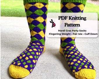 Mardi Gras Party Socks Knitting Pattern | Fingering Weight Fair Isle Colorwork Sock Pattern | Digital PDF Download