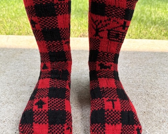 Hand Knit Buffalo Plaid Socks | Cozy Autumn Cabin Socks | Handmade Fair Isle Wool Socks | Hand Knit to Order by SnugBug Knits