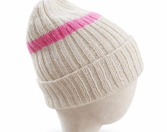 Pure Cashmere Hat | Lightweight Luxury Beanie | Ivory/Pink Ready To Ship