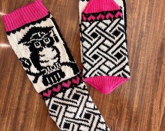 Hand Knit Owl Socks Merino Wool : Fair Isle Custom Color and Size