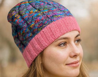 Gorro de cachemira pura: gorro de punto trenzado multicolor tejido a mano, ala rosa