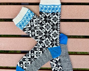 Hand Knit Merino Wool Snowflake Socks: Custom Fair Isle Winter Socks