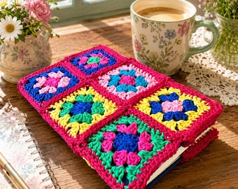 Handmade Crochet Journal Cover, Colorful Cotton Granny Square Notebook Sleeve