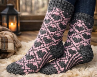 Hand Knit Wool Slipper Socks – Nordic Argyle Fair Isle Hearts, Adult M/L