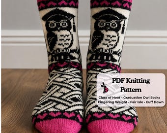 Class of Hoot Graduation Socks Knitting Pattern, Fair Isle Owl Colorwork (PDF Download)