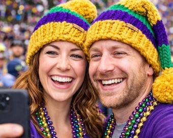 Hand Knit Mardi Gras Wool Hat – Color Block Chunky Beanie with Jumbo Pom