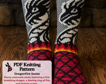 Dragonfire Socks Knitting Pattern | Fierce Dragon Colorwork, Fire, Scales (PDF)