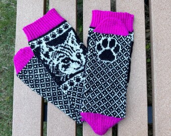 Hand Knit Merino Wool Cat Socks: Fair Isle Kitten Pattern