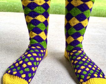 Hand Knit Mardi Gras Socks | Fair Isle Wool Colorwork, Purple Green Gold Party Wear