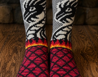 Hand Knit Dragon Socks, Jewel-Toned Scales, Flame Detail, Wool Yarn, Fantasy Gift