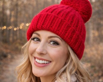 Hand-Knit Red Jumbo Pom Beanie • 100% Merino Wool