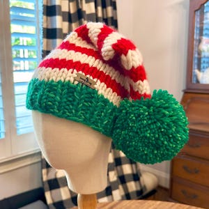 Grobstrick Elfenmütze - Rot/Weiß gestreift, Jumbo Pom - Merino Wolle