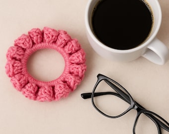 Crocheted Pink Cotton Scrunchie, Custom Color, Handmade Ponytail; Gift Options