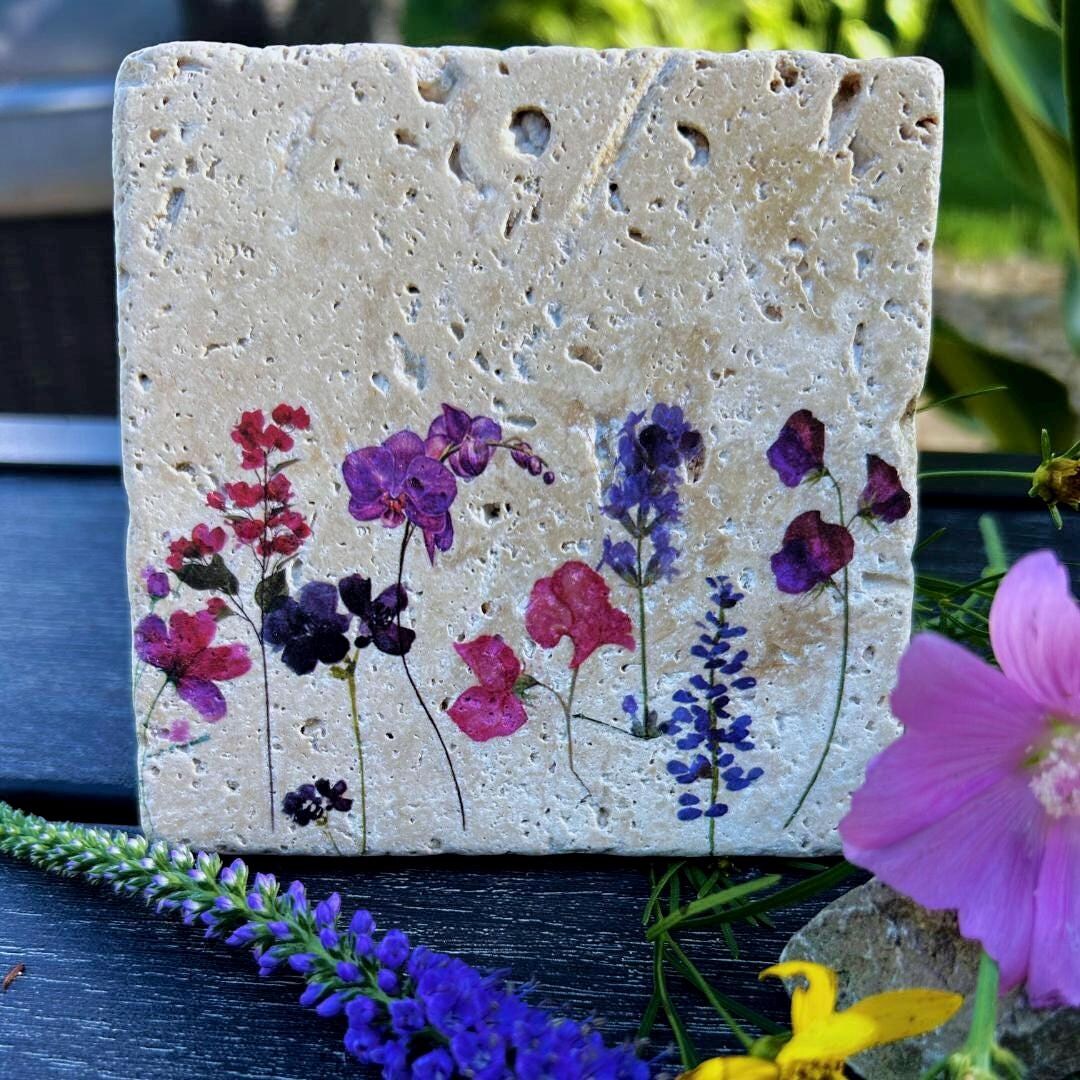 Botanical Stone Coasters – Unique Coaster Set on Travertine, Rustic ...