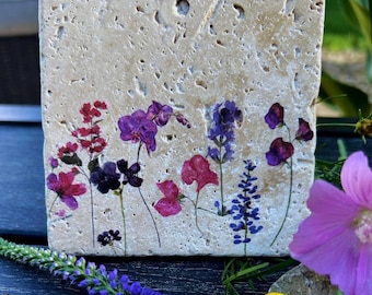 Botanical Stone Coasters – Unique Coaster Set on Travertine, Rustic Nature-Inspired Home Decor