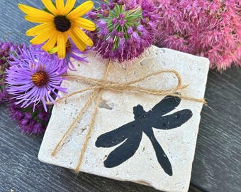 Hand-Painted Stone Coasters: Dragonfly, Hummingbird, Frog, Butterfly