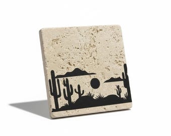 Hand-Painted Desert Coaster Set | Cactus + Sunset Travertine Coasters | Southwestern Home Decor | Waterproof Stone Coasters