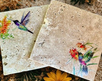 Hummingbird Stone Coasters: Travertine Drink Coasters, Nature-Inspired Decor