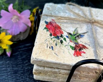 Hummingbird Stone Coasters – Unique Coaster Set on Travertine, Nature-Inspired Home Decor