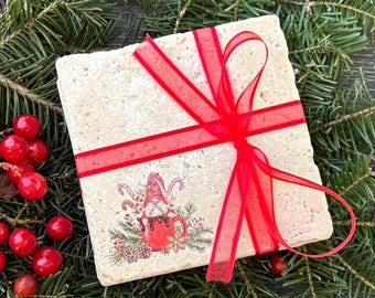 Travertine Stone Christmas Coasters - Set of 4 Festive Drink Coasters | Wrapped, Ready for Gifting