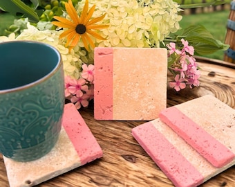 Pink Travertine Stone Coasters - Set of 4 Handmade Drink Coasters