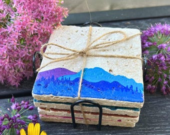 Hand-Painted Mountain Scene Stone Coasters: Rustic Cabin Decor