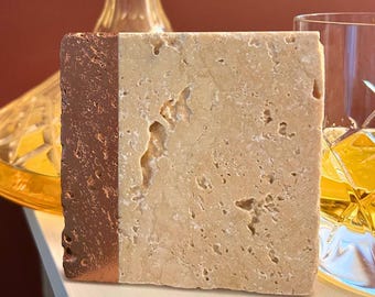 Handmade Travertine Coaster Set – Copper Accent, Rustic Drinkware