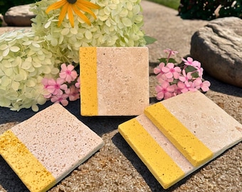 Yellow Stripe Travertine Stone Coasters - Set of 4 Handmade Drink Coasters