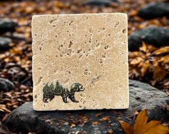 Waterproof Stone Coasters | Forest Bear Scene | Travertine Coaster Set of 4