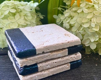 Turquoise Metallic Edge Travertine Coasters - Set of 4 Rustic Modern Stone Drink Coasters