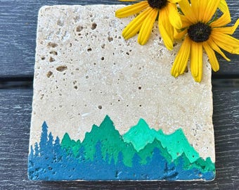 Hand-Painted Mountain Scene Stone Coasters: Rustic Cabin Decor (Set of 4)