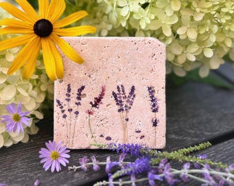 Floral Travertine Stone Coasters: Botanical Home Decor, Set of 4