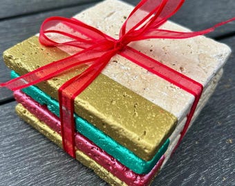 Hand-Painted Travertine Christmas Coasters: Set of 4, Ready to Gift