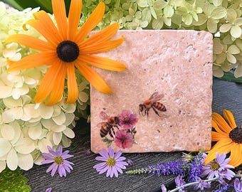 Honeybee Stone Coaster Set: Rustic Travertine Home Decor