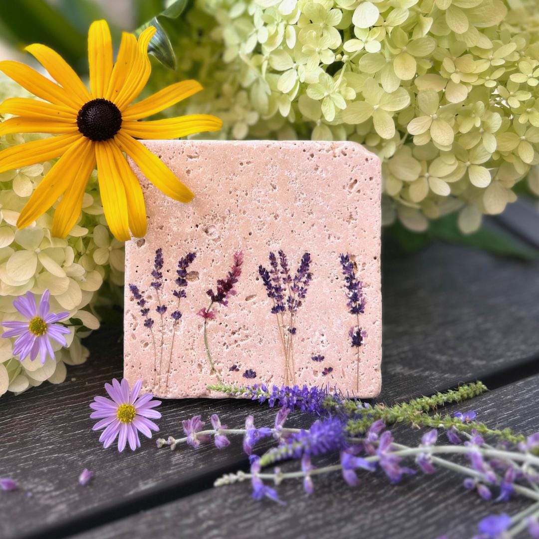 Botanical Stone Coasters – Unique Coaster Set on Travertine, Rustic ...