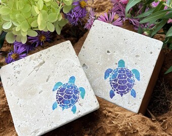 Turquoise Turtle Travertine Coaster Set: Coastal Beach House Decor