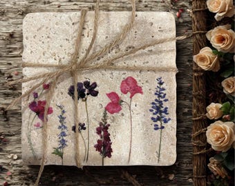 Floral Travertine Stone Coasters: Rich Earth Tone Home Decor, Set of 4