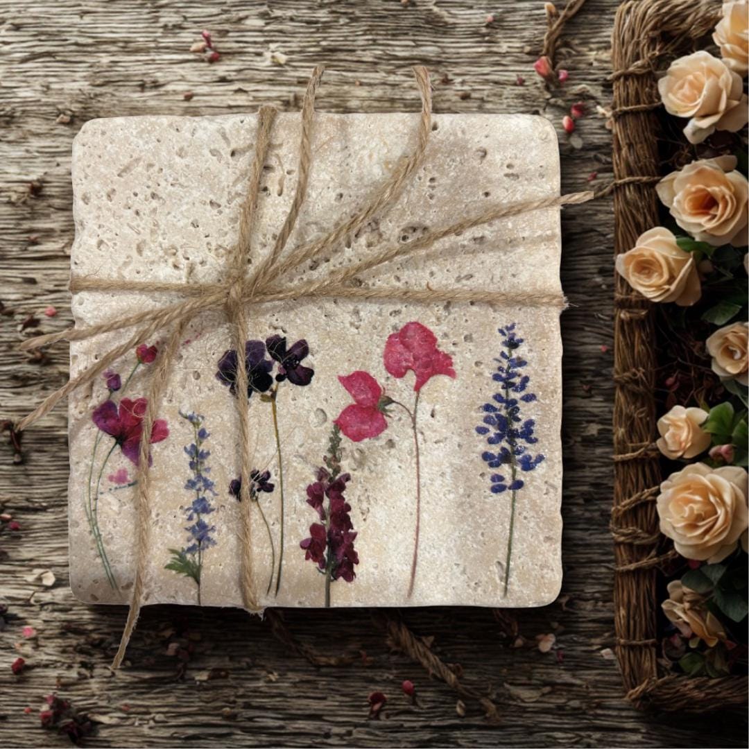 Botanical Stone Coasters – Unique Coaster Set on Travertine, Rustic ...