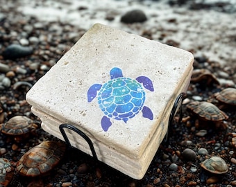 Turquoise Turtle Travertine Coaster Set - Coastal Beach House Decor