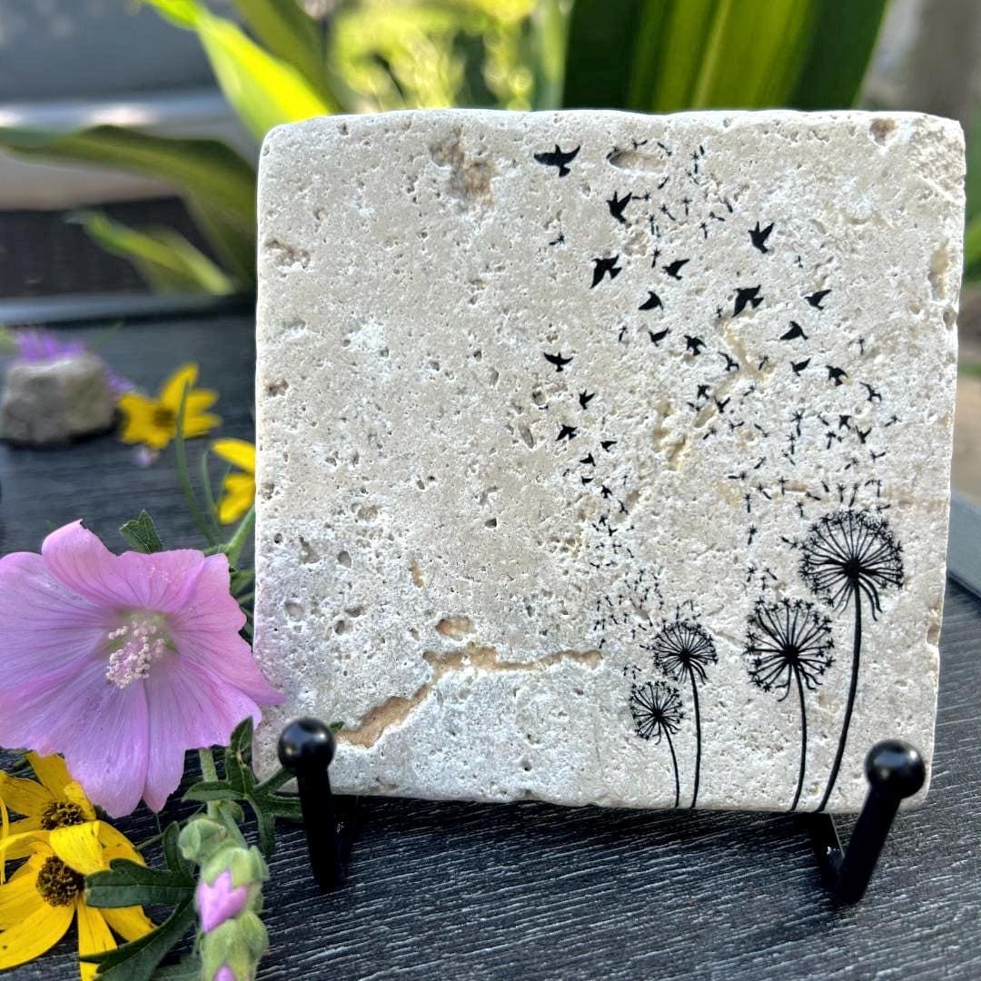 Dandelion Stone Coasters – Unique Coaster Set on Travertine, Whimsical ...