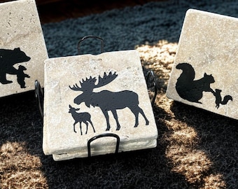 Hand-Painted Stone Coasters: Rustic Cabin Decor, Moose, Bear, Wolf, Squirrel (Set of 4)