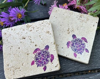 Purple Turtle Travertine Coaster Set: Coastal Beach Decor