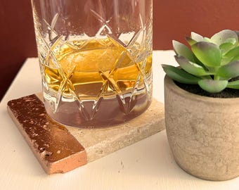 Copper Accent Travertine Coasters: Rustic Farmhouse Table Decor