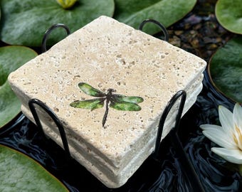 Hand-Painted Stone Coasters: Simple and Bright Green Dragonfly (Set of 4)