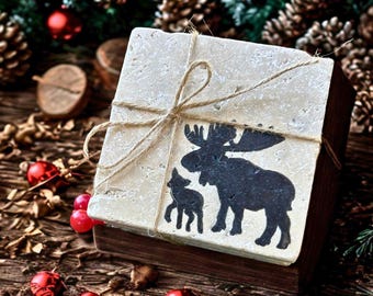 Hand-Painted Stone Coasters: Rustic Wildlife & Pine Tree Cabin Decor (Set of 4)