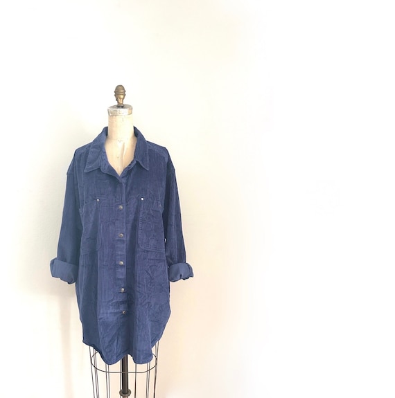 blue cotton wide corduroy button up shirt jacket