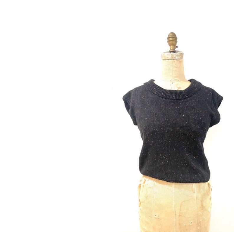 80s color speckled black sleeveless sweater image 1