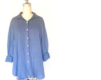 90s XL blue linen button up