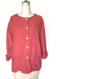 90s red linen shirt jacket