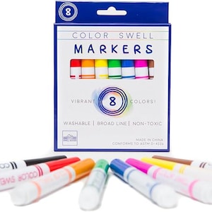 May include: A box of 8 Color Swell Markers in vibrant colors. The markers are washable, have a broad line, and are non-toxic. The box is blue and white with the text "Color Swell Markers" in black.